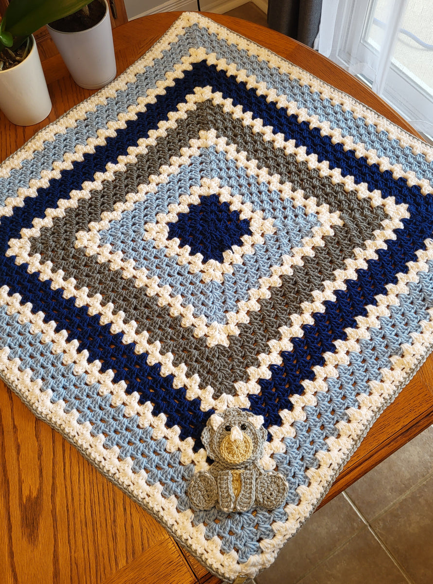 Hand Crocheted Baby Blanket – sale whimsical zig-zag stripes of country blue and heather gray accent a crisp white backdrop - READY TO SHIP