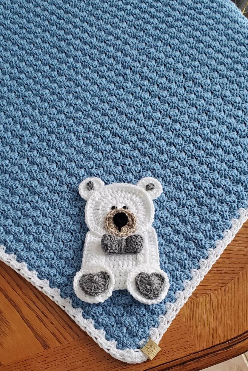 Crochet Baby Blanket Blue Baby Blanket White Grey Bear Handmade B Warm and Cozy Craft Corner